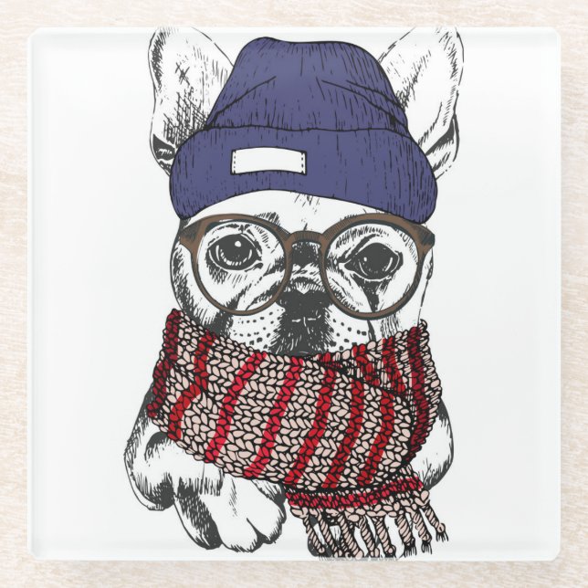 Dessous-de-verre En Verre Chien de Taureau de Français de hippie (Devant)