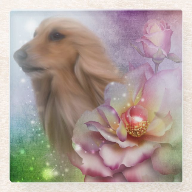 Dessous-de-verre En Verre Chien Et Fleurs Afghans (Devant)