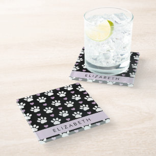Dessous-de-verre En Verre Chien Paws, White Paws, Lilac Hearts, Votre Nom