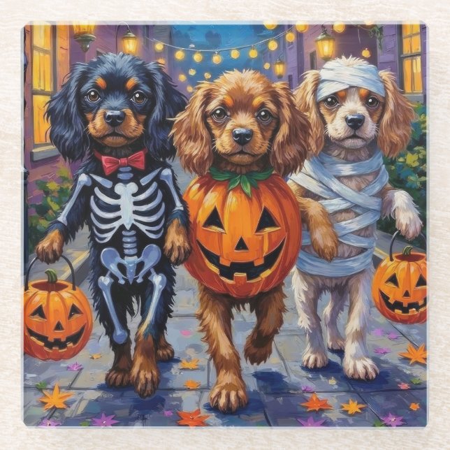 Dessous-de-verre En Verre Chiens Espagnols Tibétains En Costumes D'Halloween (Devant)