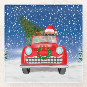 Dessous-de-verre En Verre Chihuahua Chien Conduite Voiture En Noël De Neige