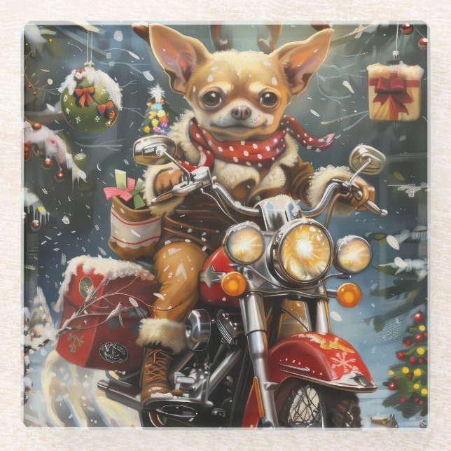 Dessous-de-verre En Verre Chihuahua Chien équitation moto Noël (Devant)