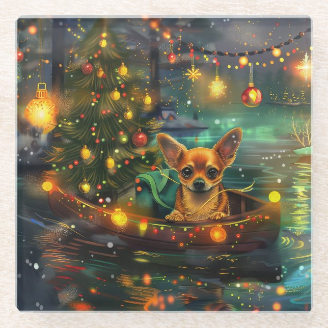 Dessous-de-verre En Verre Chihuahua Noël Festive Voyage (Devant)