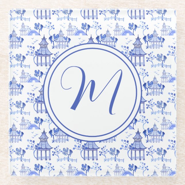 Dessous-de-verre En Verre Chinoiserie Aquarelle Pagode Motif Monogramme (Devant)