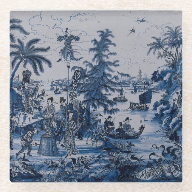 Dessous-de-verre En Verre Chinoiserie Delft Blue et White (Devant)