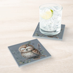 Dessous-de-verre En Verre Chouette à l'aquarelle mignonne avec style boisé f