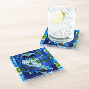 Dessous-de-verre En Verre Chouette Abstraite lunaire Fleur Florale Bleu Vert
