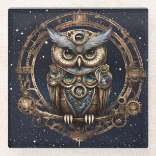 Dessous-de-verre En Verre Chouette de Steampunk contre le ciel étoilé