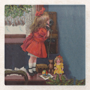 Dessous-de-verre En Verre Christmas Little Girl Téléphone Antique