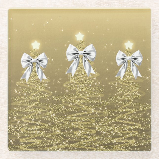 Dessous-de-verre En Verre Christmas Sparkling Trees Gold Faux Silver Bow  (Devant)