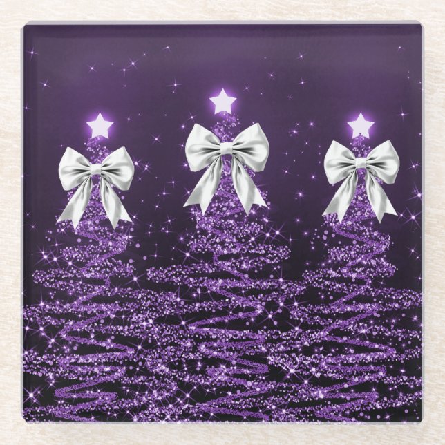 Dessous-de-verre En Verre Christmas Sparkling Trees Purple Faux Silver Bow  (Devant)