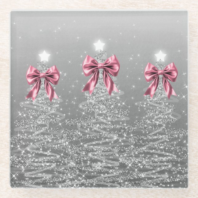 Dessous-de-verre En Verre Christmas Sparkling Trees Silver Faux Pink Bow  (Devant)