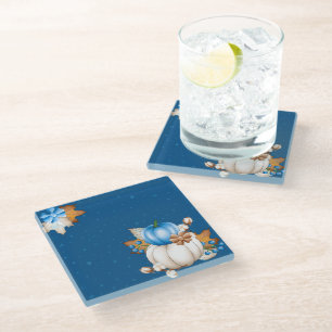 DESSOUS-DE-VERRE EN VERRE CHUTE BLEUE & BLANCHE CITROUILLES & FEUILLES D'AUT