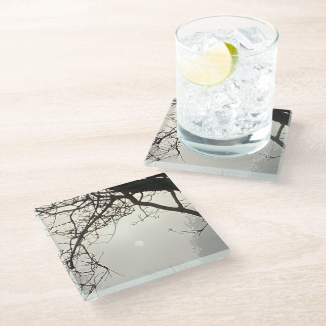 Dessous-de-verre En Verre Ciel Blanc Et Soleil Dramatiquement Encadrés D'Arb (Incliné)