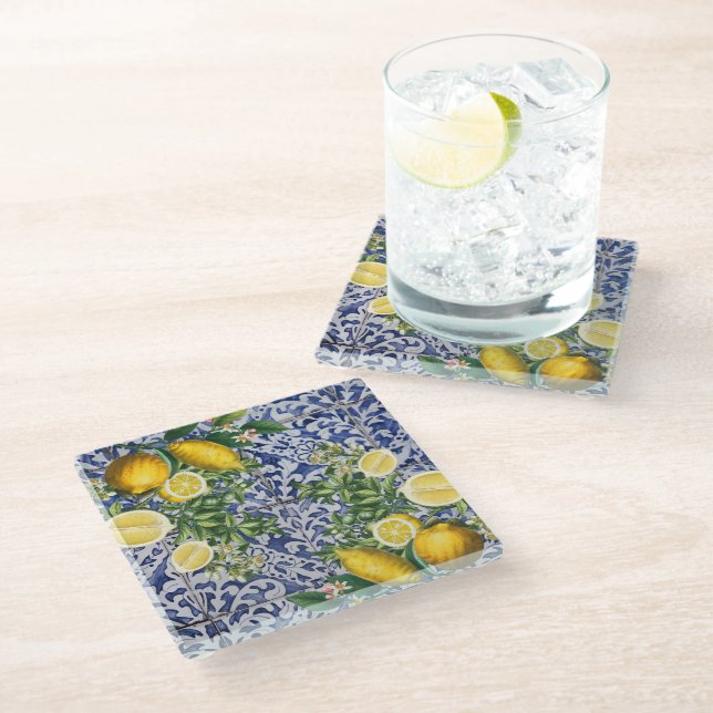 Dessous-de-verre En Verre Citrons méditerranéens Carreaux portugais d'été (Incliné)