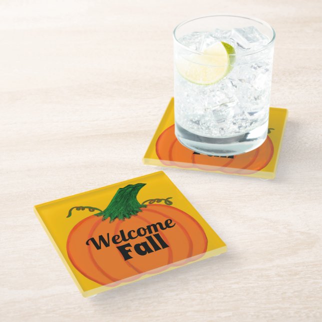 Dessous-de-verre En Verre Citrouille orange Bienvenue automne (Incliné)