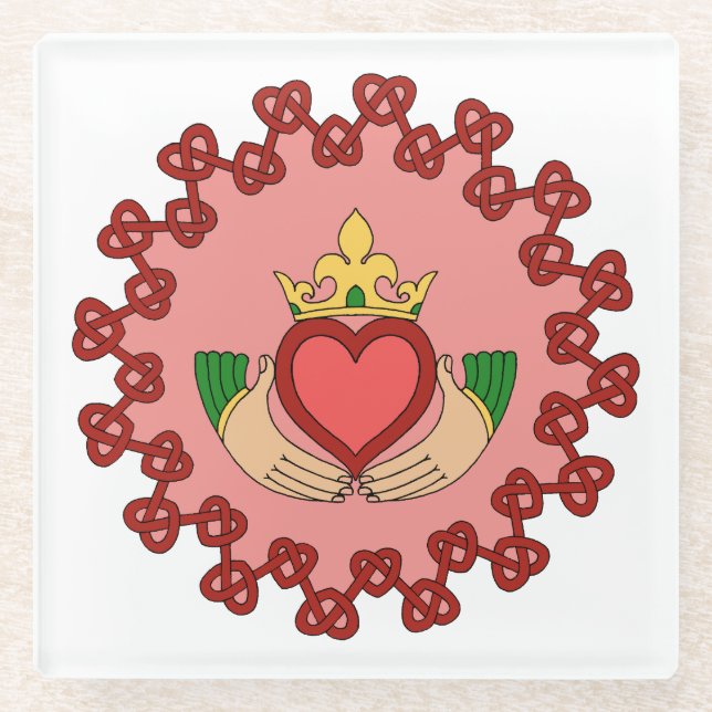 Dessous-de-verre En Verre Claddagh et Red Knotwork sur rose (Devant)