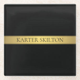 Dessous-de-verre En Verre Classy Faux Gold Stripe & Black Arrière - plan ou 