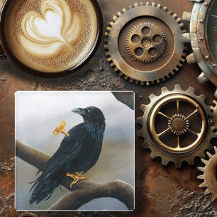 Dessous-de-verre En Verre Clé mécanique à remonter Steampunk Corbeau Noir