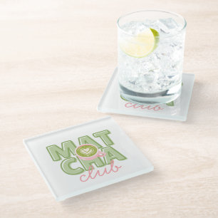 Dessous-de-verre En Verre Club Matcha Vert et Rose Imprimé au Dos Mignon
