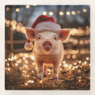 Dessous-de-verre En Verre Cochon dans un chapeau de Père Noël