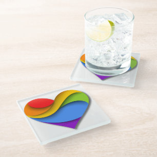 Dessous-de-verre En Verre Cœur en forme de SlipperyJoe's arc-en-ciel rouge o