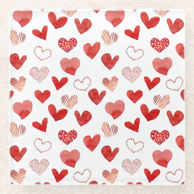 Dessous-de-verre En Verre Cœurs d'amour rouges, motif aquarelle. (Devant)