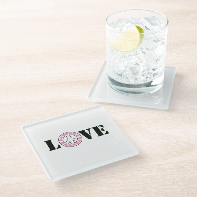Dessous-de-verre En Verre Coeurs de paix d'amour rose (Incliné)