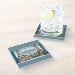 Dessous-de-verre En Verre Coin de fenêtre côtier confortable Cottagecore