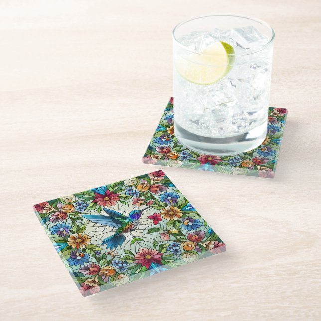 Dessous-de-verre En Verre Colibri élégant avec effet de vitrail (Incliné)