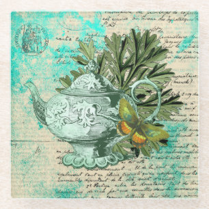 Dessous-de-verre En Verre Collage de théière et d'éphémère vintage