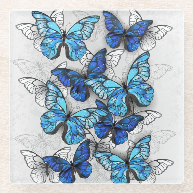 Dessous-de-verre En Verre Composition des White and Blue Butterflies (Devant)