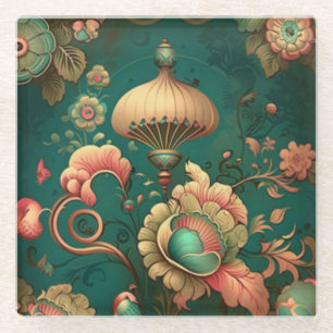 Dessous-de-verre En Verre Conception rétro vintage floral vert