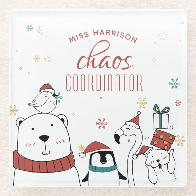 Dessous-de-verre En Verre Coordinateur Chaos Animaux de Noël Personnalisé (Devant)