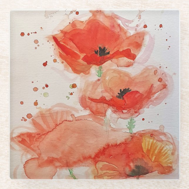 Dessous-de-verre En Verre Coquelicots Rouge Clair Aquarelle Fleur Floral (Devant)
