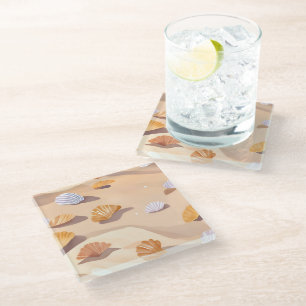 Dessous-de-verre En Verre Coquillages dans le Sable   Aquarelle Océan Plage