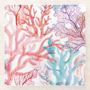 Dessous-de-verre En Verre Coraux aquarelles : motif du monde sous-marin.