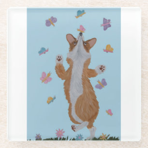 Dessous-de-verre En Verre Corgi dansant avec papillons