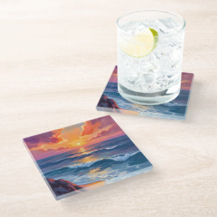 Dessous-de-verre En Verre Côte Dorée   Peinture aquarelle du coucher de sole
