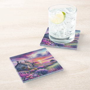 Dessous-de-verre En Verre Cottage au Coucher de Soleil Pastel Jardin au Bord