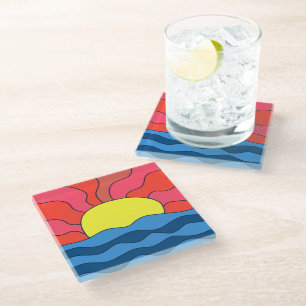 Dessous-de-verre En Verre Coucher de soleil et vagues