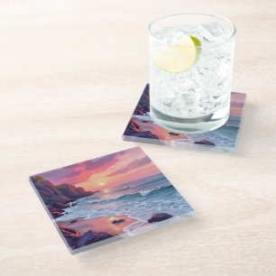 Dessous-de-verre En Verre Coucher de soleil pastel rose sur les vagues de l'