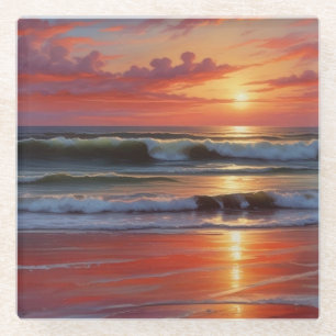 Dessous-de-verre En Verre Coucher Rouge Océan Peinture de paysage marin