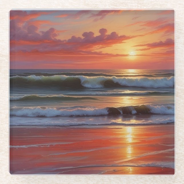 Dessous-de-verre En Verre Coucher Rouge Océan Peinture de paysage marin (Devant)