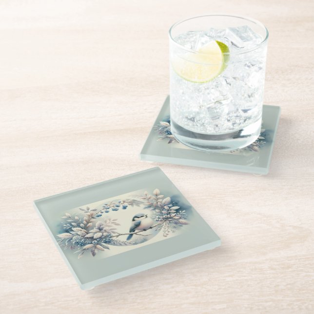 Dessous-de-verre En Verre Couronne de baies de merlebleu d'hiver (Incliné)