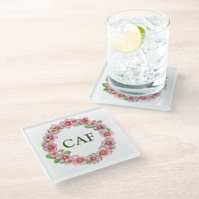 Dessous-de-verre En Verre Couronne de fleurs rose monogramme (Incliné)