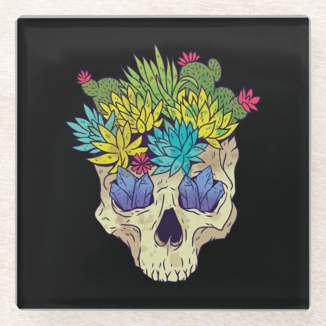 Dessous-de-verre En Verre Crâne avec cristaux et succulents (Devant)