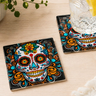 Dessous-de-verre En Verre Crâne de sucre coloré Día de los Muertos