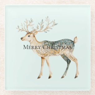 Dessous-de-verre En Verre Crème d'or verte de menthe rustique Cerf de Noël