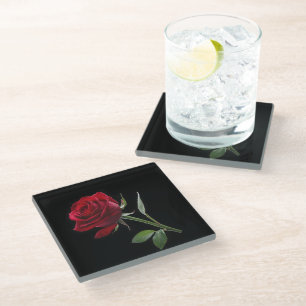 Dessous-de-verre En Verre Crimson sur Ebène : La Rose Rouge Unique,